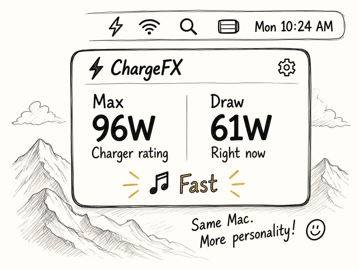 ChargeFX menu bar HUD showing Max 96 watts charger rating, Draw 61 watts right now, and Fast audio.