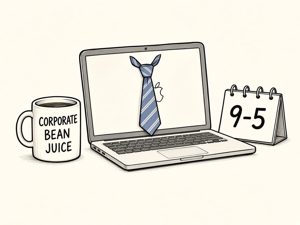 MacBook with a necktie, a Corporate Bean Juice mug, and a 9–5 calendar